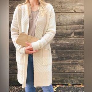 Toad & Co. Cabin Fever Long Cardigan Sweater Oatmeal Buffalo Check Medium
